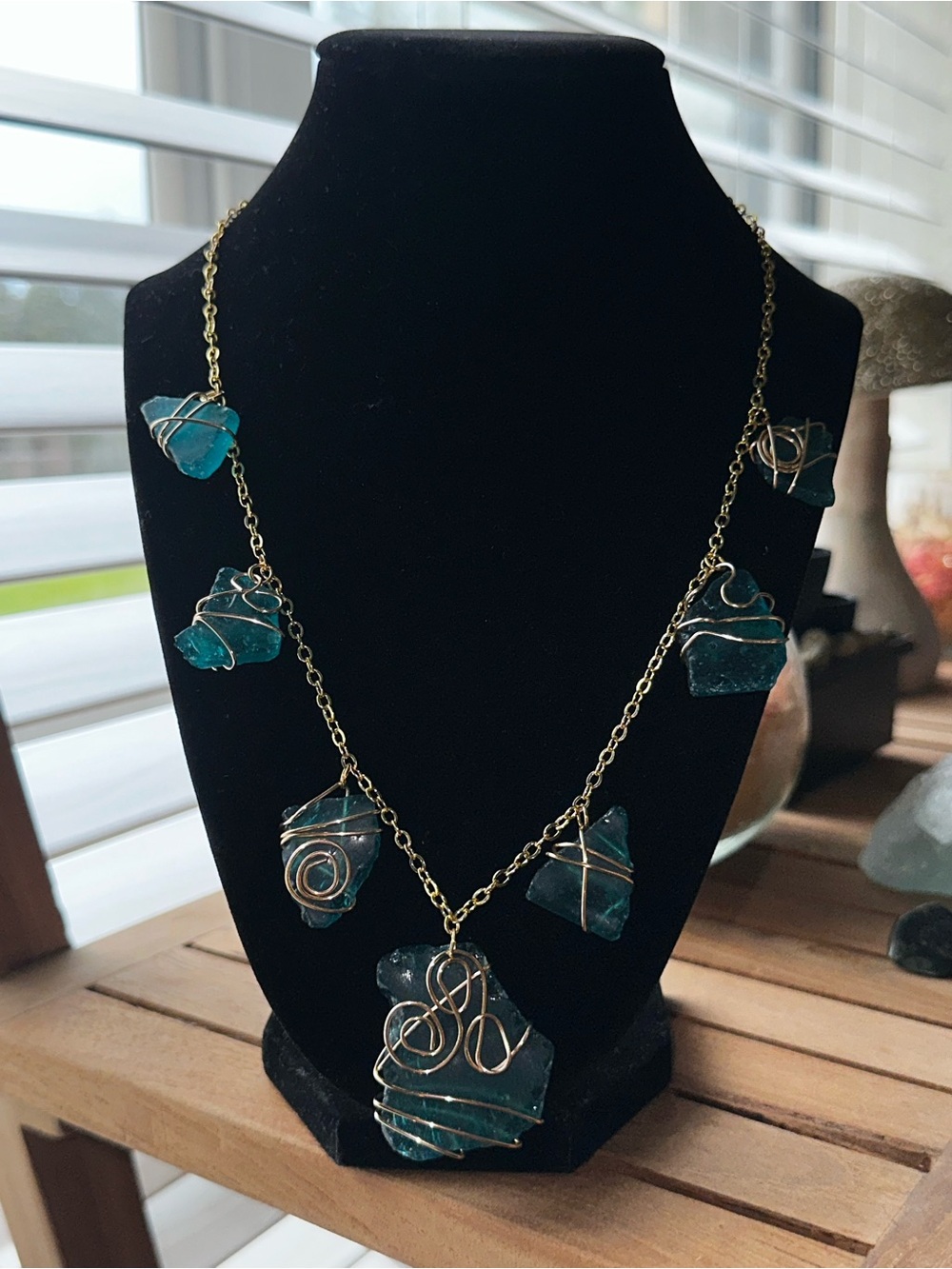 Handmade Teal Sea Glass Wire-Wrapped Necklace - Women Jewelry